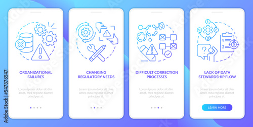 Information management problems blue gradient onboarding mobile app screen. Walkthrough 4 steps graphic instructions with linear concepts. UI, UX, GUI template. Myriad Pro-Bold, Regular fonts used