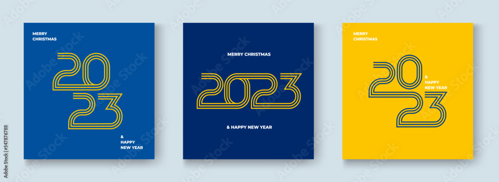 Creative concept of 2023 Happy New Year card set. Design templates with typography logo 2022 for celebration and season decoration. Minimalistic trendy backgrounds for branding, banner, cover, card.