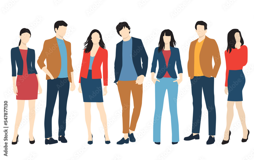 Fototapeta premium Set of young men and women, different colors, cartoon character, group of silhouettes of standing business people, students, the design concept of flat icon, isolated on white background