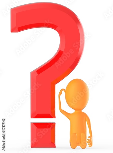 3d orange character scraching his head while siting near to a large question mark , confused , uncertain and thinking