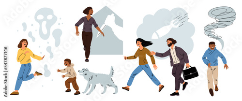 Afraid people running. Frightened citizens. Men escaping from danger. Scary ghost and animal. Women and children fleeing from threats and fears. Garish vector panicked characters set