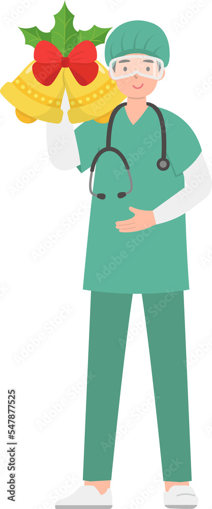 Male paramedic or doctor or medical specialist with bell, celebrating christmas or new year, vector cartoon style Male paramedic or doctor or medical specialist with bell, celebrating christmas or new year, vector cartoon style