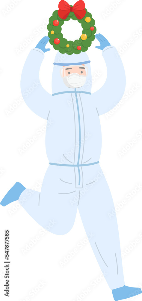 Obraz premium Paramedic or doctor or scientist or medical specialist, protective suit with face shield and medical mask with christmas wreath, vector cartoon style