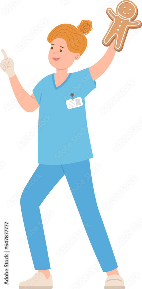 Female paramedic or doctor or medical specialist with gingerbread man, celebrating christmas or new year, vector cartoon style Female paramedic or doctor or medical specialist with gingerbread man, celebrating christmas or new year, vector cartoon style