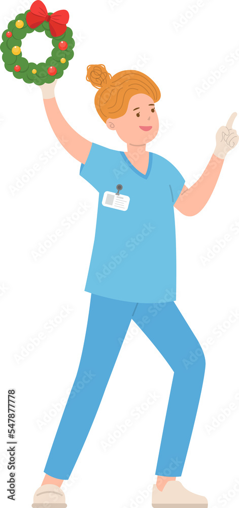 Female paramedic or doctor or medical professional with christmas wreath, celebrating christmas or new year, vector cartoon style Female paramedic or doctor or medical professional with christmas wreath, celebrating christmas or new year, vector cartoon style