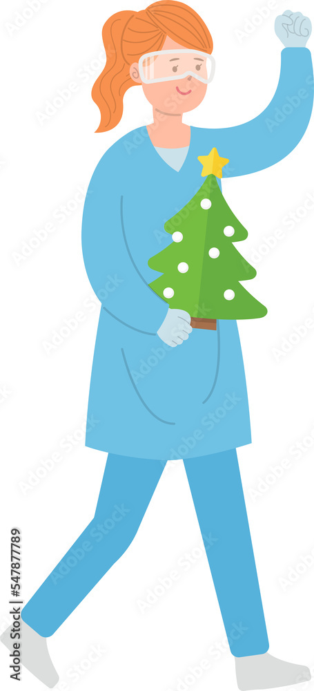 Female paramedic or doctor or medical specialist with christmas tree, celebrating christmas or new year, vector cartoon style Female paramedic or doctor or medical specialist with christmas tree, celebrating christmas or new year, vector cartoon style