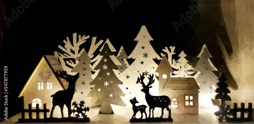 Christmas scene made of silhouettes.  Wooden house, deer with fawn, church and Christmas trees are back-lit. Vector in Low Poly Style. 