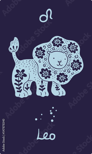 Zodiac sign card. Leo constellation. Astrological symbol. Patterned silhouette horoscope animal. Astrology calendar. Funny lion with floral ornament. Doodle creature. Vector zodiacal icon