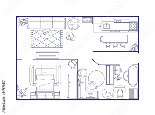 Apartment interior, floor plan. Outlined floorplan, home with rooms, furniture. House design, map, layout overhead, above top view. Contoured flat vector illustration isolated on white background