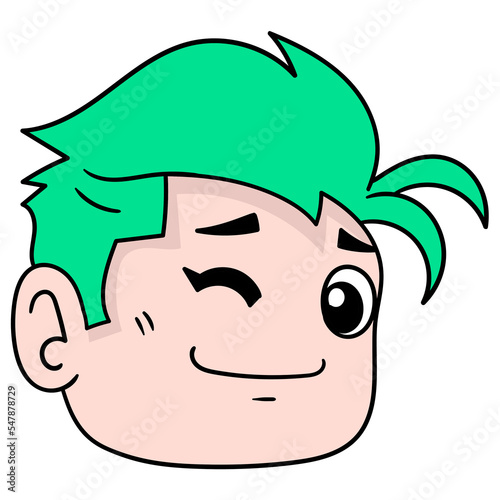 Vector illustration of a winking green-haired boy cartoon character isolated on white background