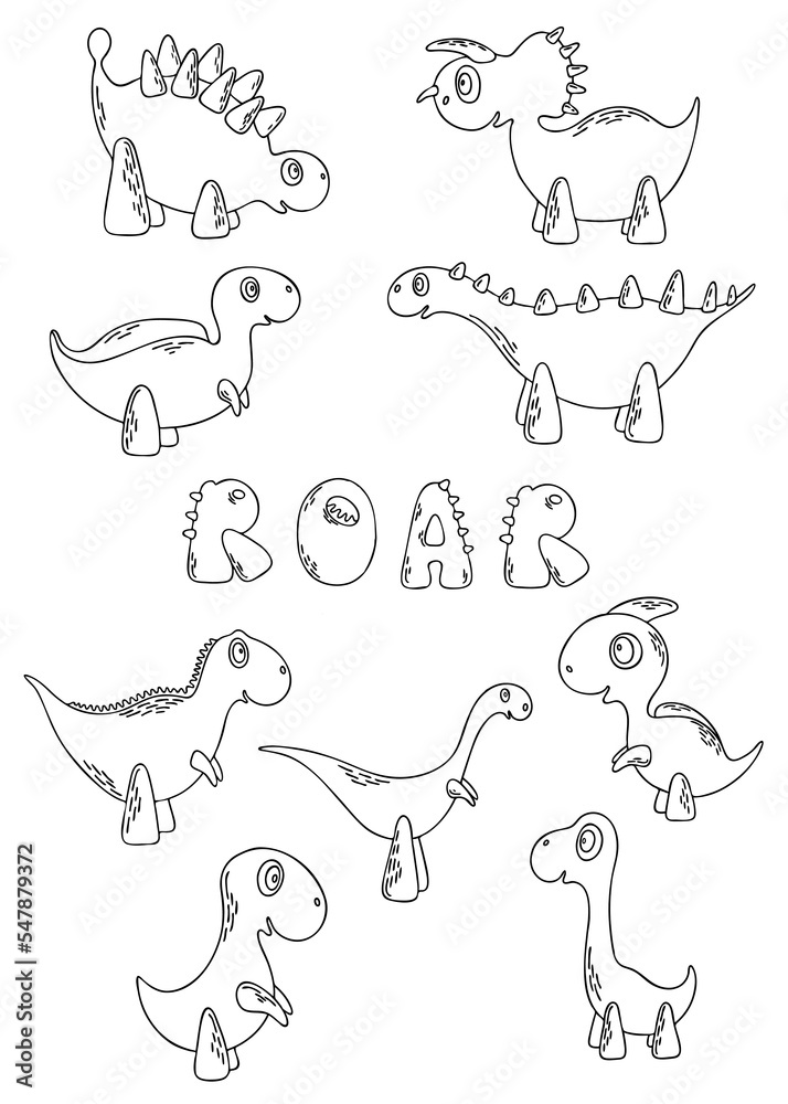 9 cute outline dinosaurs and and roar lettering for coloring page, poster and other. Funny cartoon dino set. Vector set for kids
