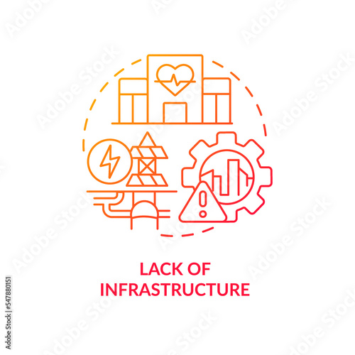 Lack of infrastructure red gradient concept icon. Inclusive development issue in poor countries abstract idea thin line illustration. Isolated outline drawing. Myriad Pro-Bold font used