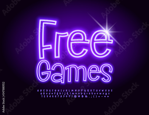Vector neon banner Free Games. Modern Glowing Font. Artistic Alphabet Letters and Numbers.
