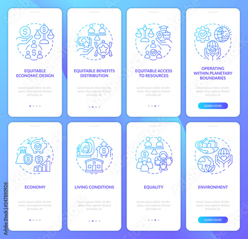 Inclusive development features blue gradient onboarding mobile app screen set. Walkthrough 4 steps graphic instructions with linear concepts. UI, UX, GUI template. Myriad Pro-Bold, Regular fonts used