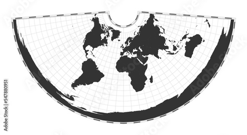 Vector world map. Conic equidistant projection. Plan world geographical map with latitude/longitude lines. Centered to 0 deg longitude. Vector illustration.