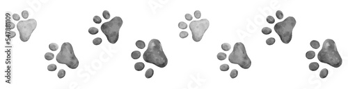 cat paw prints right and left walk border, graphic watercolor element in black and white
