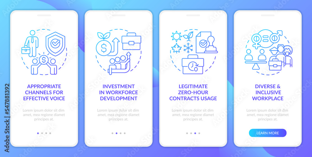 Fair working policy blue gradient onboarding mobile app screen. Walkthrough 4 steps graphic instructions with linear concepts. UI, UX, GUI template. Myriad Pro-Bold, Regular fonts used