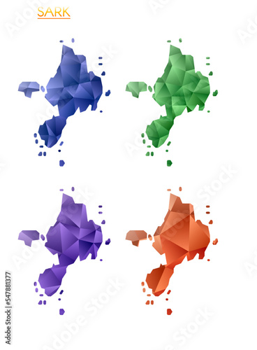 Set of vector polygonal maps of Sark. Bright gradient map of island in low poly style. Multicolored Sark map in geometric style for your infographics. Vibrant vector illustration.