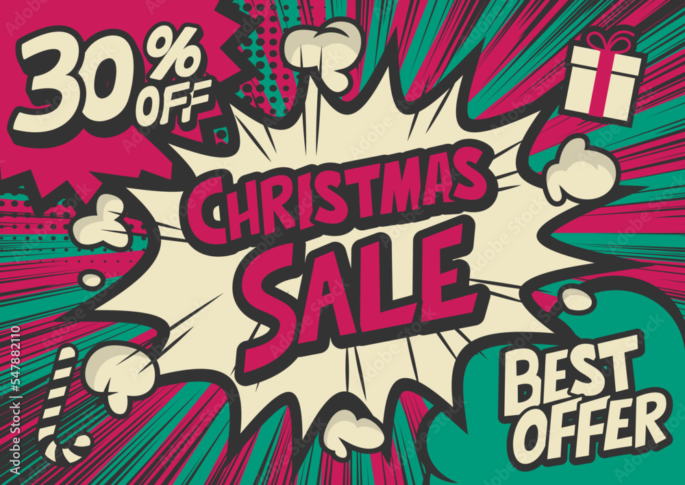 30%off Christmas sale typography pop art background, an explosion in comic book style.