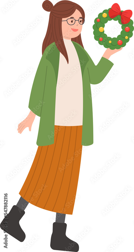 A woman with a Christmas wreath, celebrating Christmas, Christmas and Happy New Year, vector cartoon style A woman with a Christmas wreath, celebrating Christmas, Christmas and Happy New Year, vector cartoon style