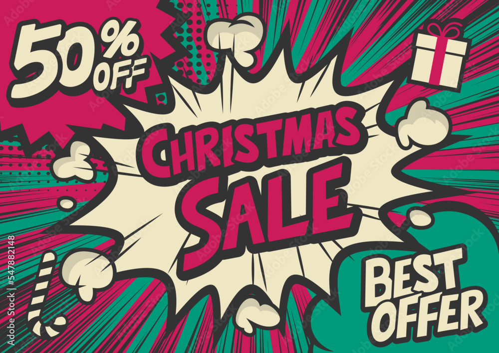 50%off Christmas sale typography pop art background, an explosion in comic book style.