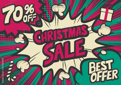 70%off Christmas sale typography pop art background, an explosion in comic book style. 