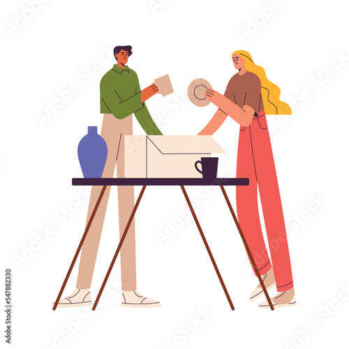 Couple packing home stuff into cardboard. Family, husband and wife, leaving house, preparing box package for move, relocation together. Flat vector illustration isolated on white background