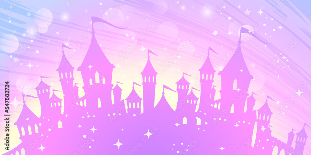 Magic princess palace on a background of a rainbow sky. Magic princess palace on a background of a rainbow sky.