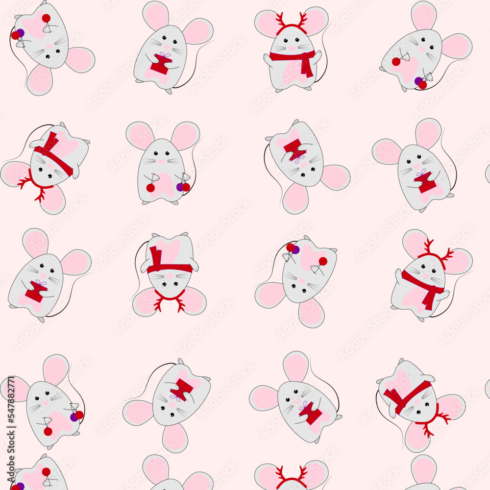 Seamless Christmas hand drawing pattern with cute mouse. Vector illustration for printing on fabric, textile and paper Seamless Christmas hand drawing pattern with cute mouse. Vector illustration for printing on fabric, textile and paper