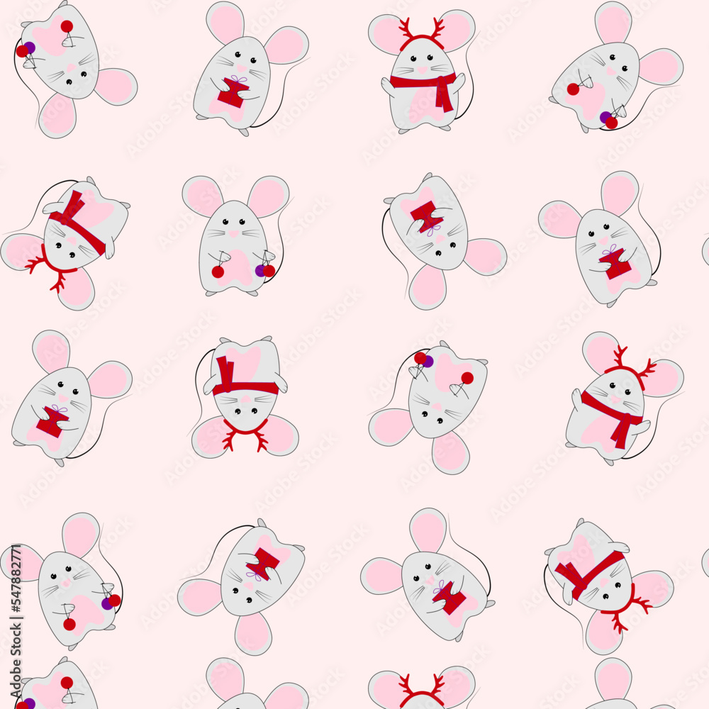 Seamless Christmas hand drawing pattern with cute mouse. Vector illustration for printing on fabric, textile and paper