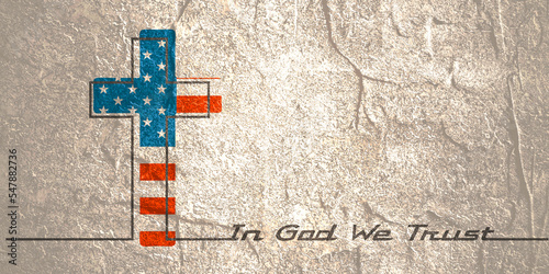 Christian cross with USA national flag texture. Religion concept illustration. In God we trust text. Thin line style photo