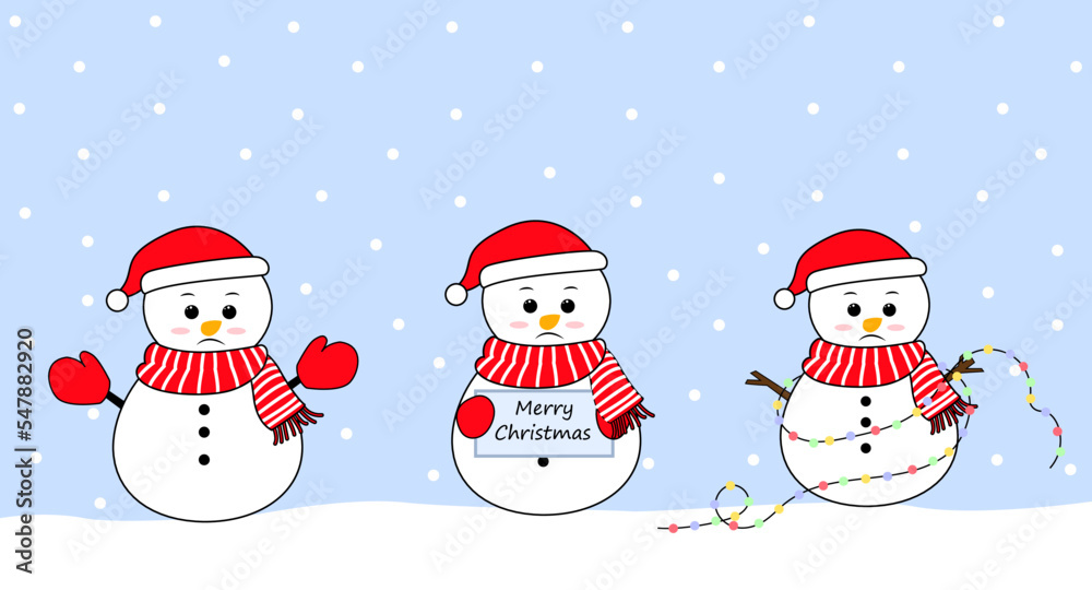 Winter christmas set snowmans.Collection of cute Christmas character wearing Santa Hat. Christmas illustration