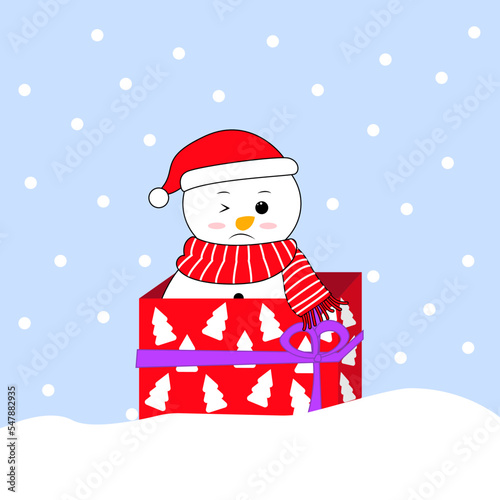 New Year and Xmas concept. Gift Box with sad snowman.For wrapping paper and fabrics and linens and kids clothes print and packaging.Vector  illustration