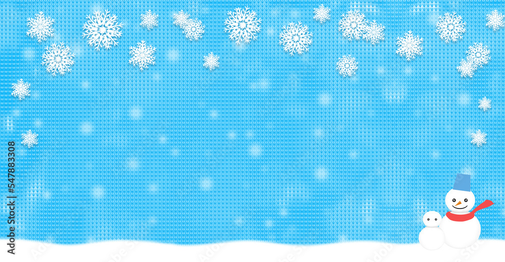 雪だるまと雪の結晶、ニットや布の背景イラスト 雪だるまと雪の結晶、ニットや布の背景イラスト