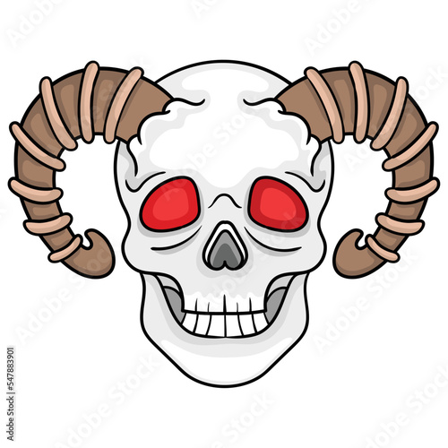 Spooky skull with vengeful red eyes and horns, doodle icon