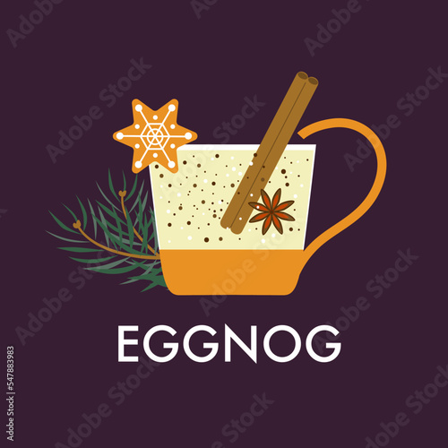 A mug of eggnog with ginger bread, cinnamon stick and pine tree twigs flat vector illustration
