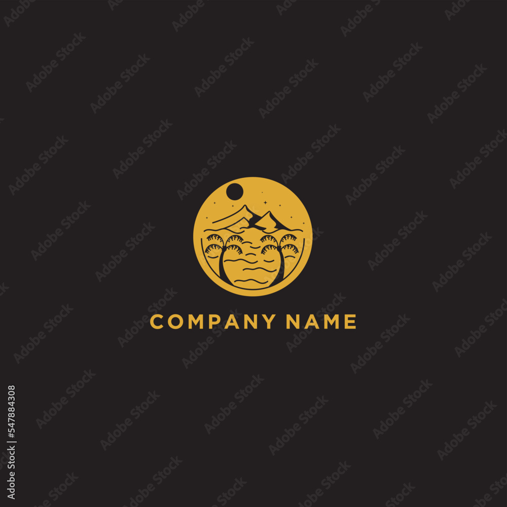 logo of mountain and sun views. Modern outline design illustration of a sun and mountain view on a lake. Vector art line icon template logo of mountain and sun views. Modern outline design illustration of a sun and mountain view on a lake. Vector art line icon template