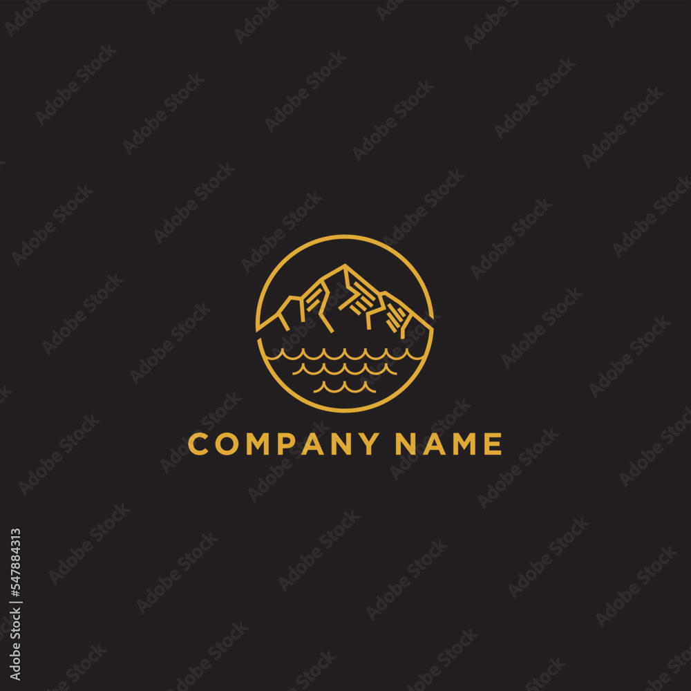 Naklejka premium logo of mountain and sun views. Modern outline design illustration of a sun and mountain view on a lake. Vector art line icon template