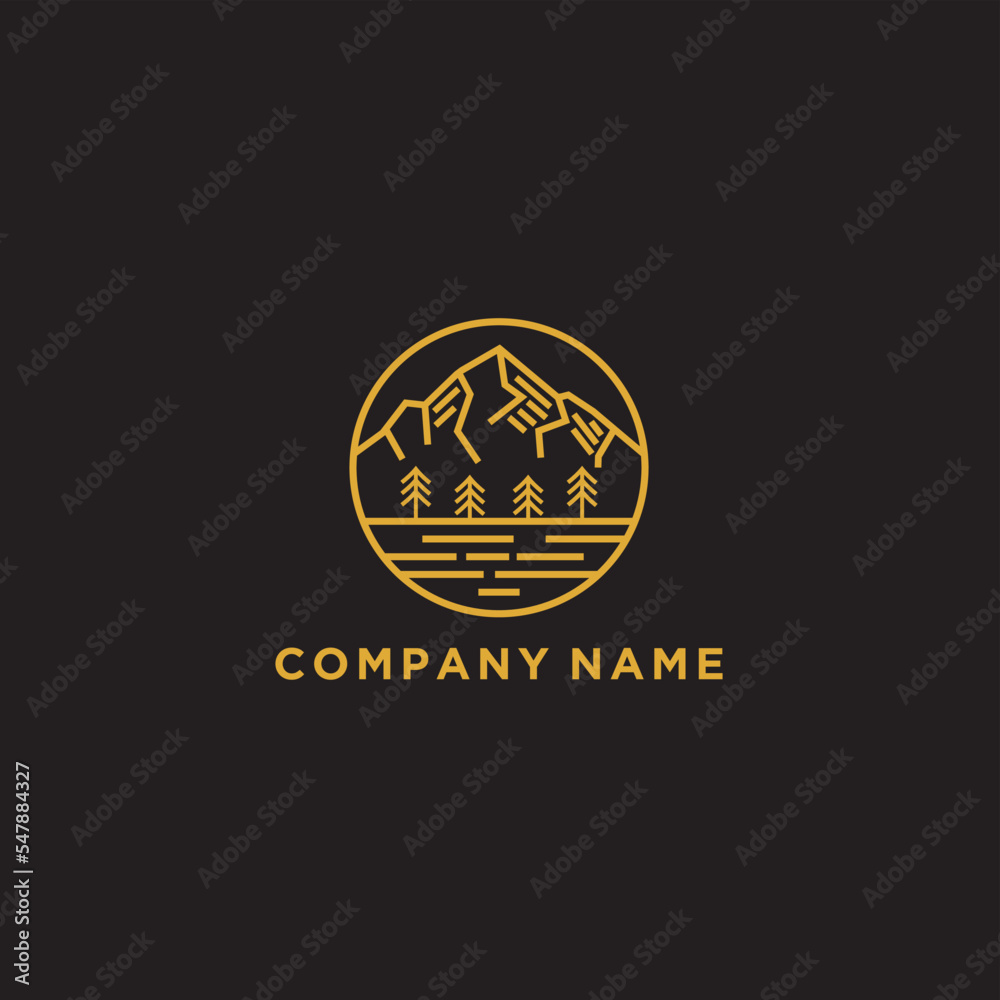 Naklejka premium logo of mountain and sun views. Modern outline design illustration of a sun and mountain view on a lake. Vector art line icon template