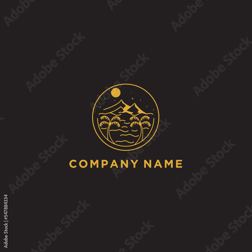 logo of mountain and sun views. Modern outline design illustration of a sun and mountain view on a lake. Vector art line icon template 