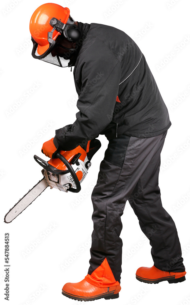 Professional logger using chain saw with safety gear on, isolated Professional logger using chain saw with safety gear on, isolated