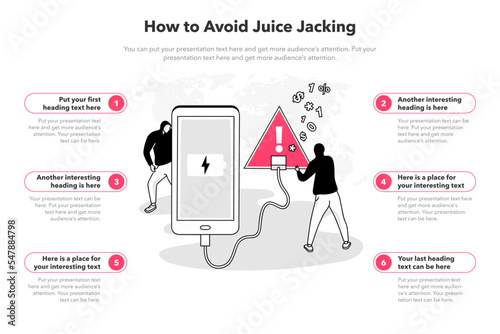 Simple infographic template for how to avoid juice jacking. 6 stages template with a smartphone and a red USB charging port as a main symbol.