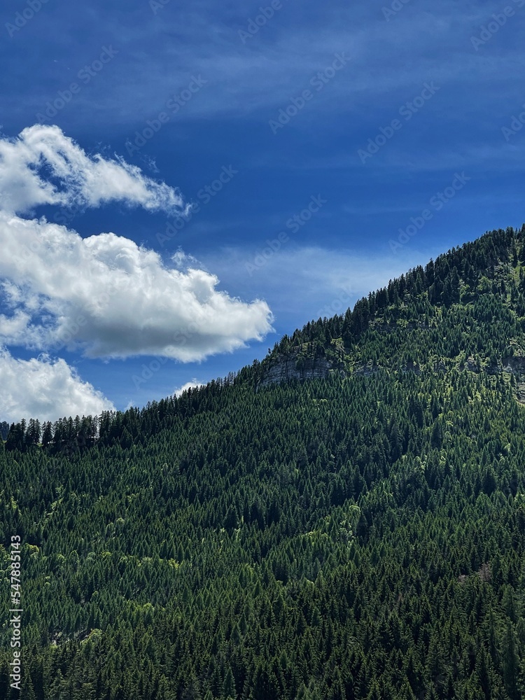 Picturesque view of mountain hill, forest, sky and clouds. Scenic nature landscape. Summer vacation travel