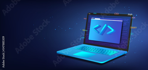 Banner Software development. 3D laptop with programming icon. Web coding and software testing  concept. 3D realistic laptop with browser windows and different programming languages. Vector web banner photo