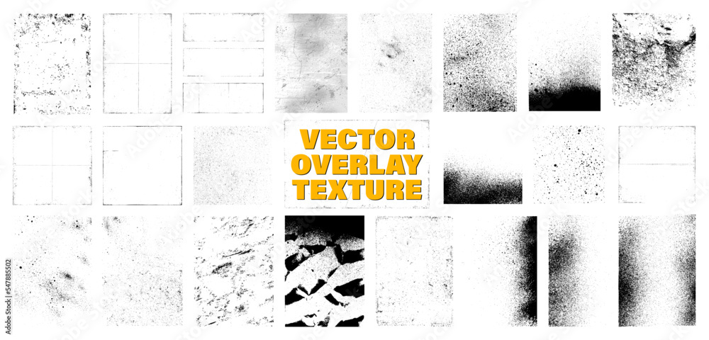 Collection of different overlay textures. Big set vector stamps - paint, concrete, crack, grunge, dust, graffiti and other effects. Dirty grainy stamps overlay texture. Set vector elements backdrop