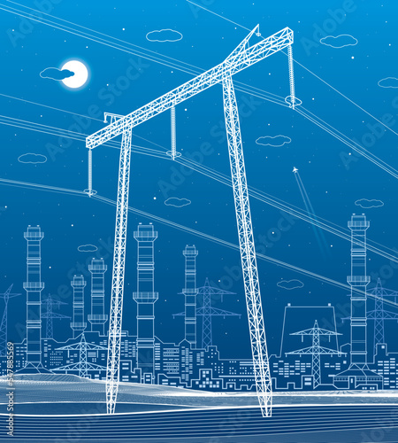 High voltage transmission systems. Electric pole. Power lines. A network of interconnected electrical. City scene. White otlines on blue background. Vector design illustration