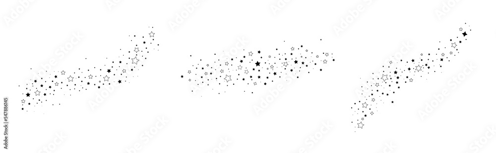 Obraz premium Set of stars on a white background. Falling star. Magic trail of stardust, line of comets. Meteoroid, comet, asteroid, stars. New Year, Christmas. Vector illustration.