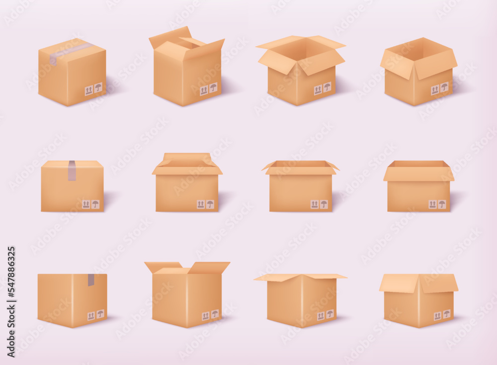 Carton delivery packaging open and closed box with fragile signs. Cardboard box mockup set. 3D Web Vector Illustrations.