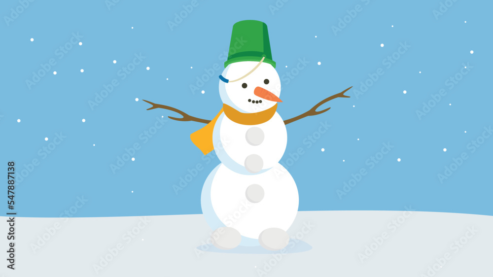 Fototapeta premium A snowman with a bucket on his head stands in the snow