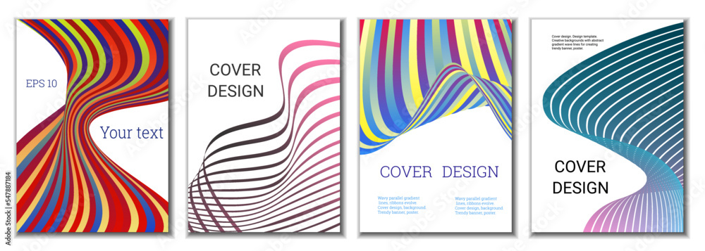 A set of 4 abstract covers. Wavy parallel gradient lines, ribbons evolve. Cover design, background. Trendy banner, poster. A set of 4 abstract covers. Wavy parallel gradient lines, ribbons evolve. Cover design, background. Trendy banner, poster.